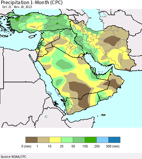 Middle East and Turkey Precipitation 1-Month (CPC) Thematic Map For 10/21/2023 - 11/20/2023