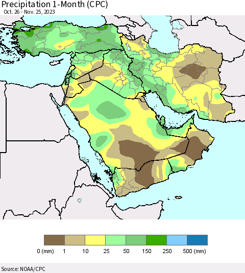 Middle East and Turkey Precipitation 1-Month (CPC) Thematic Map For 10/26/2023 - 11/25/2023
