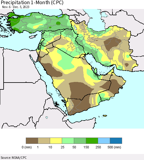 Middle East and Turkey Precipitation 1-Month (CPC) Thematic Map For 11/6/2023 - 12/5/2023