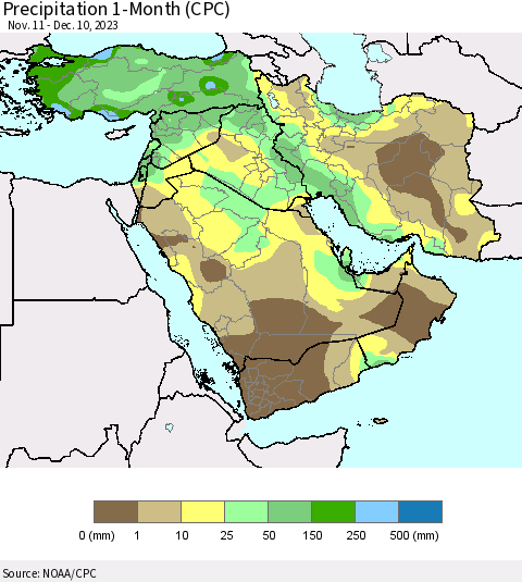 Middle East and Turkey Precipitation 1-Month (CPC) Thematic Map For 11/11/2023 - 12/10/2023