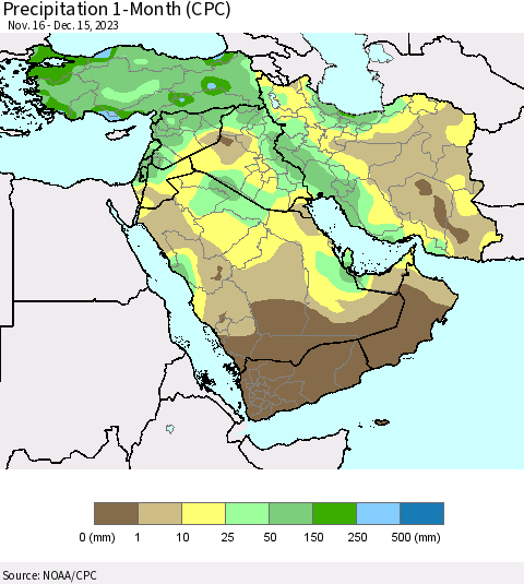 Middle East and Turkey Precipitation 1-Month (CPC) Thematic Map For 11/16/2023 - 12/15/2023