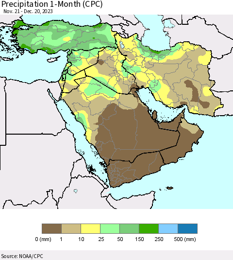 Middle East and Turkey Precipitation 1-Month (CPC) Thematic Map For 11/21/2023 - 12/20/2023
