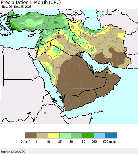 Middle East and Turkey Precipitation 1-Month (CPC) Thematic Map For 11/26/2023 - 12/25/2023