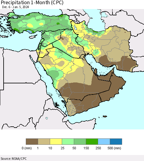 Middle East and Turkey Precipitation 1-Month (CPC) Thematic Map For 12/6/2023 - 1/5/2024