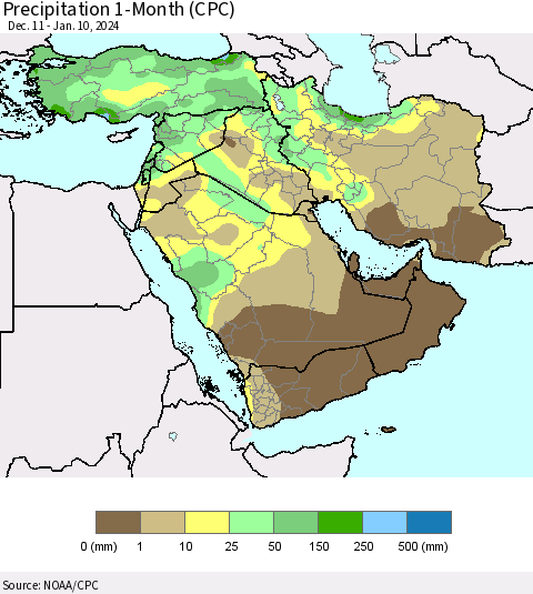 Middle East and Turkey Precipitation 1-Month (CPC) Thematic Map For 12/11/2023 - 1/10/2024