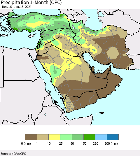 Middle East and Turkey Precipitation 1-Month (CPC) Thematic Map For 12/16/2023 - 1/15/2024