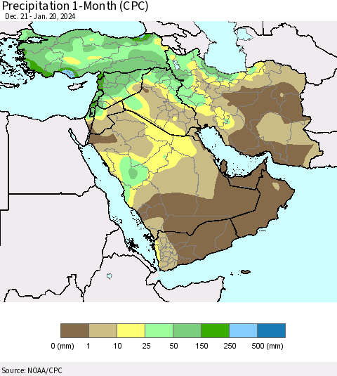 Middle East and Turkey Precipitation 1-Month (CPC) Thematic Map For 12/21/2023 - 1/20/2024