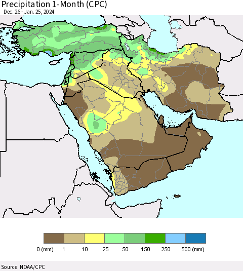 Middle East and Turkey Precipitation 1-Month (CPC) Thematic Map For 12/26/2023 - 1/25/2024