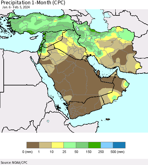Middle East and Turkey Precipitation 1-Month (CPC) Thematic Map For 1/6/2024 - 2/5/2024