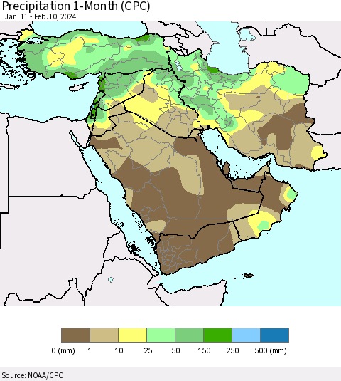 Middle East and Turkey Precipitation 1-Month (CPC) Thematic Map For 1/11/2024 - 2/10/2024