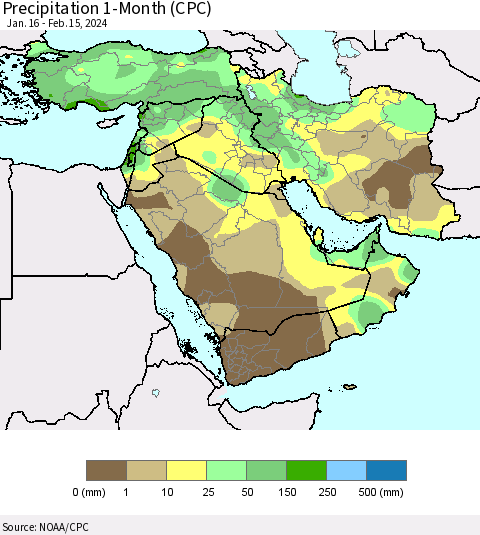 Middle East and Turkey Precipitation 1-Month (CPC) Thematic Map For 1/16/2024 - 2/15/2024