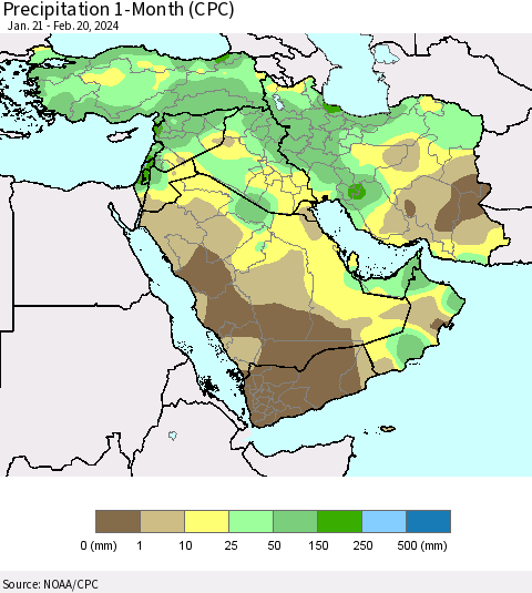 Middle East and Turkey Precipitation 1-Month (CPC) Thematic Map For 1/21/2024 - 2/20/2024