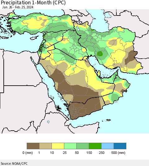 Middle East and Turkey Precipitation 1-Month (CPC) Thematic Map For 1/26/2024 - 2/25/2024