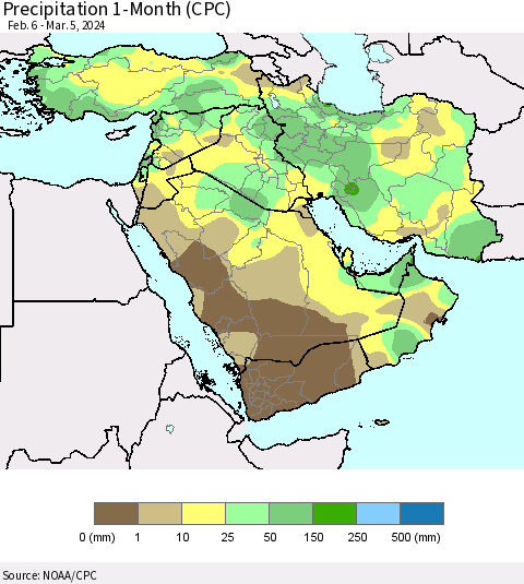 Middle East and Turkey Precipitation 1-Month (CPC) Thematic Map For 2/6/2024 - 3/5/2024