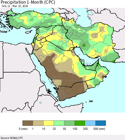 Middle East and Turkey Precipitation 1-Month (CPC) Thematic Map For 2/11/2024 - 3/10/2024