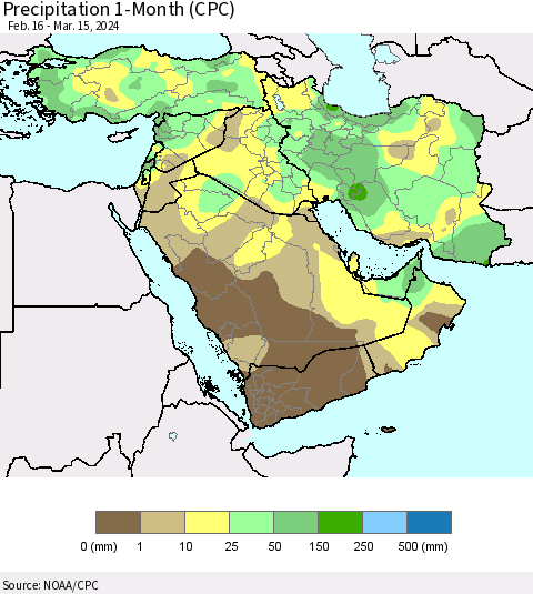 Middle East and Turkey Precipitation 1-Month (CPC) Thematic Map For 2/16/2024 - 3/15/2024