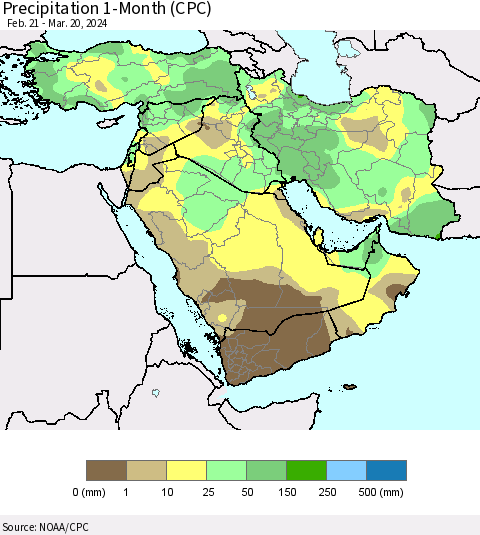 Middle East and Turkey Precipitation 1-Month (CPC) Thematic Map For 2/21/2024 - 3/20/2024