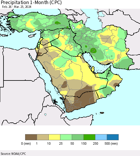 Middle East and Turkey Precipitation 1-Month (CPC) Thematic Map For 2/26/2024 - 3/25/2024