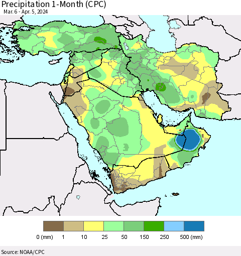 Middle East and Turkey Precipitation 1-Month (CPC) Thematic Map For 3/6/2024 - 4/5/2024