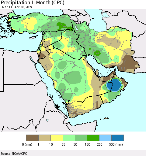 Middle East and Turkey Precipitation 1-Month (CPC) Thematic Map For 3/11/2024 - 4/10/2024