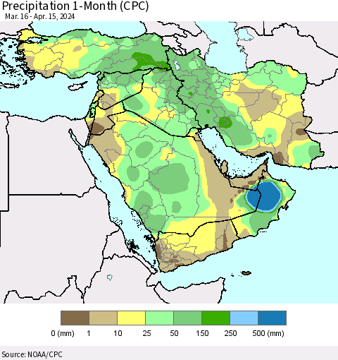 Middle East and Turkey Precipitation 1-Month (CPC) Thematic Map For 3/16/2024 - 4/15/2024