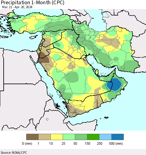 Middle East and Turkey Precipitation 1-Month (CPC) Thematic Map For 3/21/2024 - 4/20/2024