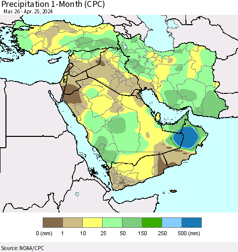 Middle East and Turkey Precipitation 1-Month (CPC) Thematic Map For 3/26/2024 - 4/25/2024