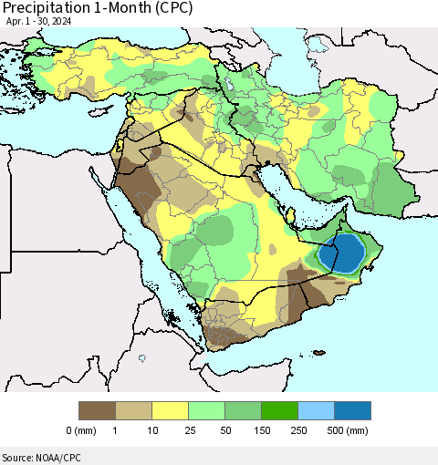 Middle East and Turkey Precipitation 1-Month (CPC) Thematic Map For 4/1/2024 - 4/30/2024