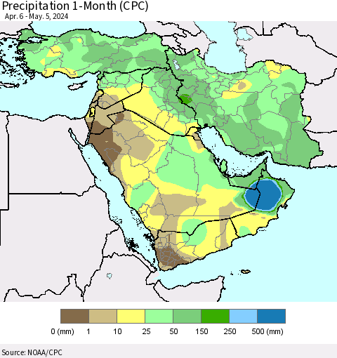 Middle East and Turkey Precipitation 1-Month (CPC) Thematic Map For 4/6/2024 - 5/5/2024