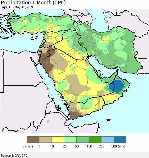 Middle East and Turkey Precipitation 1-Month (CPC) Thematic Map For 4/11/2024 - 5/10/2024
