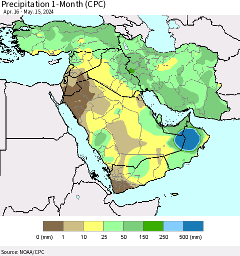 Middle East and Turkey Precipitation 1-Month (CPC) Thematic Map For 4/16/2024 - 5/15/2024