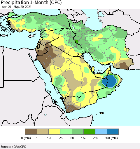 Middle East and Turkey Precipitation 1-Month (CPC) Thematic Map For 4/21/2024 - 5/20/2024