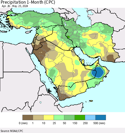 Middle East and Turkey Precipitation 1-Month (CPC) Thematic Map For 4/26/2024 - 5/25/2024