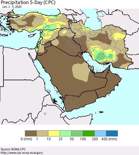 Middle East and Turkey Precipitation 5-Day (CPC) Thematic Map For 1/1/2020 - 1/5/2020