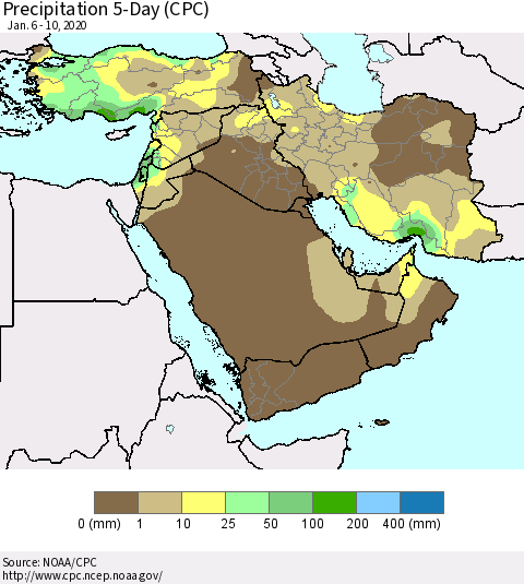 Middle East and Turkey Precipitation 5-Day (CPC) Thematic Map For 1/6/2020 - 1/10/2020