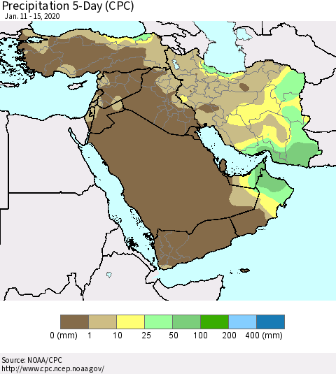 Middle East and Turkey Precipitation 5-Day (CPC) Thematic Map For 1/11/2020 - 1/15/2020