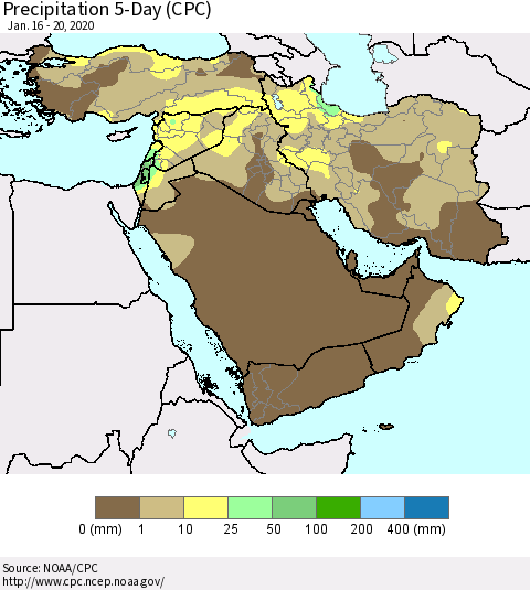 Middle East and Turkey Precipitation 5-Day (CPC) Thematic Map For 1/16/2020 - 1/20/2020