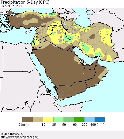 Middle East and Turkey Precipitation 5-Day (CPC) Thematic Map For 1/21/2020 - 1/25/2020