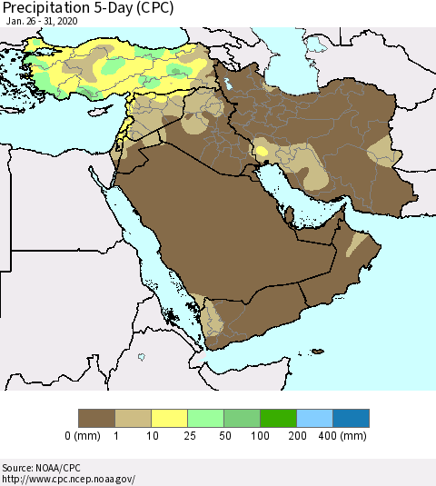 Middle East and Turkey Precipitation 5-Day (CPC) Thematic Map For 1/26/2020 - 1/31/2020