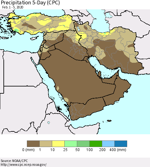 Middle East and Turkey Precipitation 5-Day (CPC) Thematic Map For 2/1/2020 - 2/5/2020