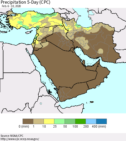 Middle East and Turkey Precipitation 5-Day (CPC) Thematic Map For 2/6/2020 - 2/10/2020