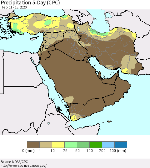 Middle East and Turkey Precipitation 5-Day (CPC) Thematic Map For 2/11/2020 - 2/15/2020