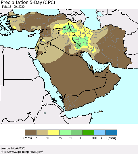 Middle East and Turkey Precipitation 5-Day (CPC) Thematic Map For 2/16/2020 - 2/20/2020