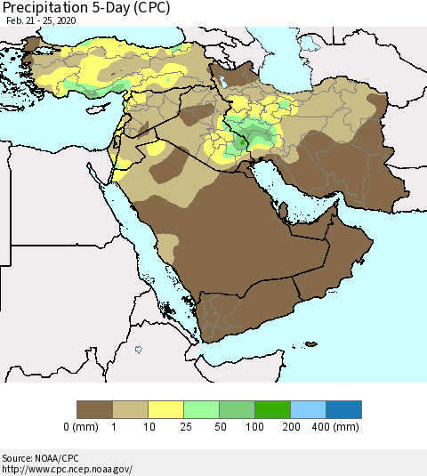 Middle East and Turkey Precipitation 5-Day (CPC) Thematic Map For 2/21/2020 - 2/25/2020