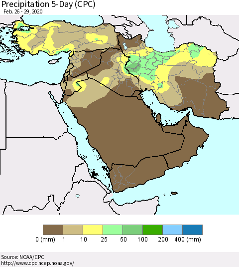 Middle East and Turkey Precipitation 5-Day (CPC) Thematic Map For 2/26/2020 - 2/29/2020