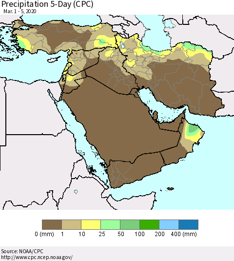 Middle East and Turkey Precipitation 5-Day (CPC) Thematic Map For 3/1/2020 - 3/5/2020