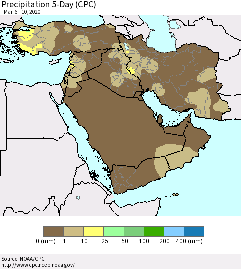 Middle East and Turkey Precipitation 5-Day (CPC) Thematic Map For 3/6/2020 - 3/10/2020