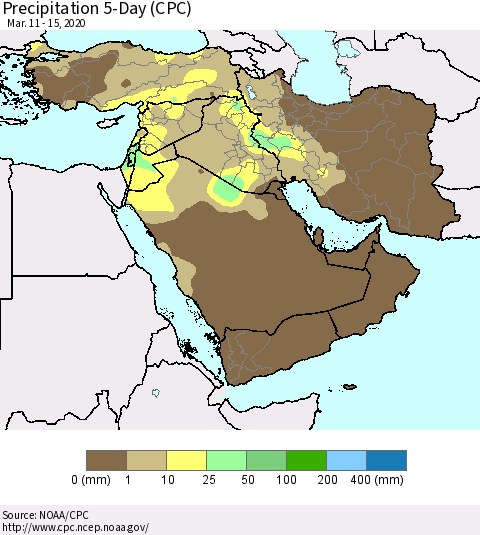 Middle East and Turkey Precipitation 5-Day (CPC) Thematic Map For 3/11/2020 - 3/15/2020