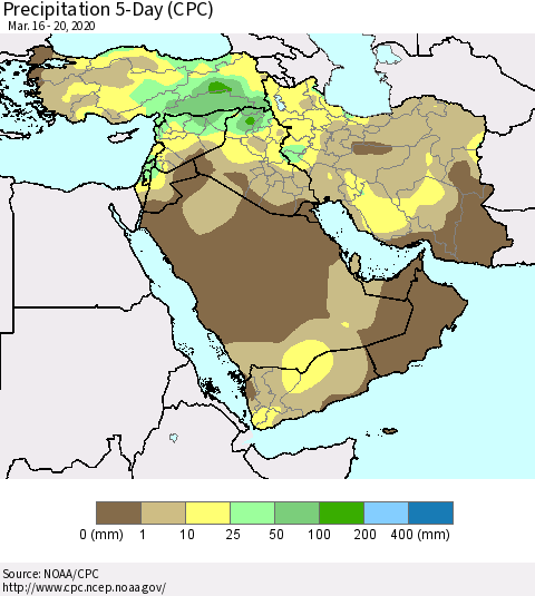 Middle East and Turkey Precipitation 5-Day (CPC) Thematic Map For 3/16/2020 - 3/20/2020