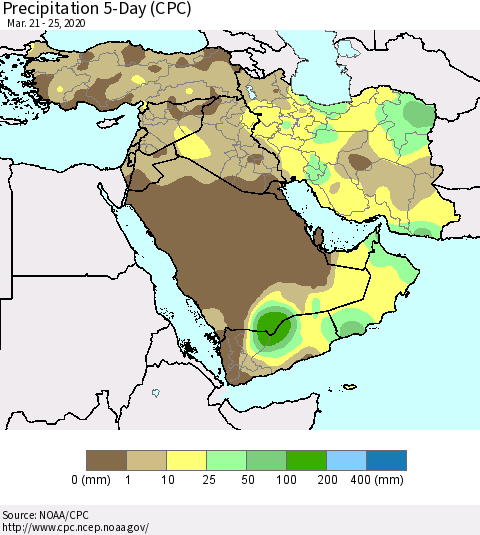 Middle East and Turkey Precipitation 5-Day (CPC) Thematic Map For 3/21/2020 - 3/25/2020